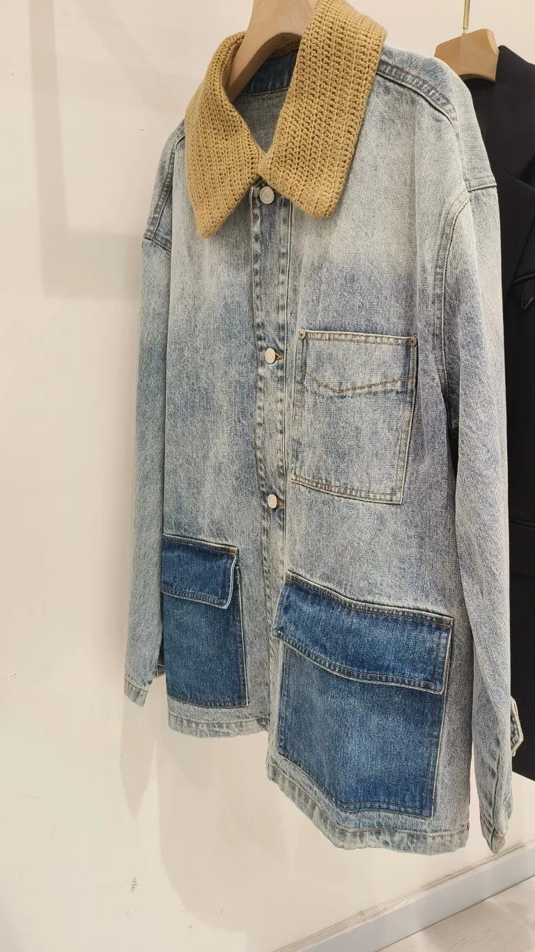 2024 Autumn New Women's Clothing Vintage patchwork knit collar loose shoulder denim jacket 0822