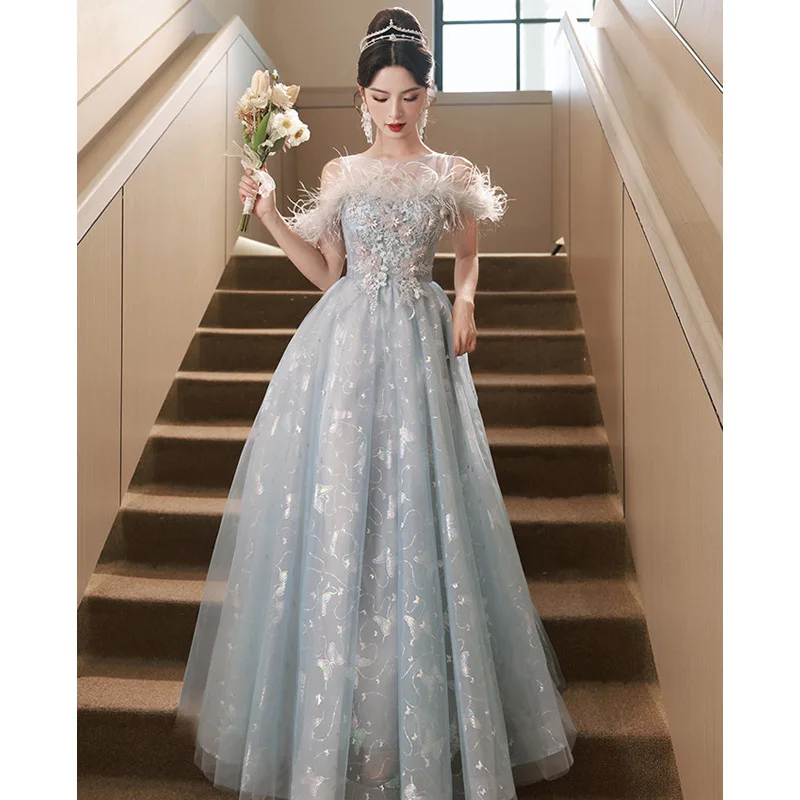 Robe de soirée bleue, nouveau Style, tempérament de Banquet, Niche, atmosphère féerique, hôte d'examen d'art, robe de demoiselle d'honneur élégante, 2026