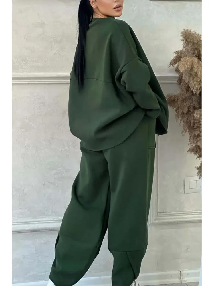 Autumn Winter Casual Loose Sweatshirt 2-piece Sets New Women\'s Round Neck Long-sleeved Pocket trousers Sports Two-piece Suit