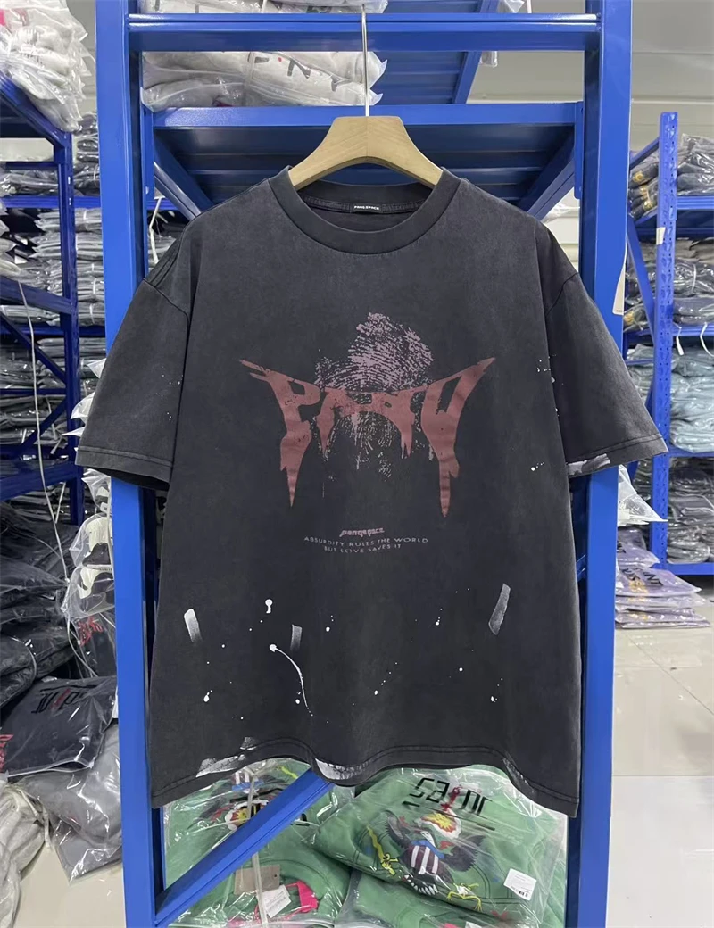 

PANQ 25SS стираная футболка с рисунком граффити и логотипом с короткими рукавами, винтажная футболка с круглым вырезом из чистого хлопка для отдыха на улице