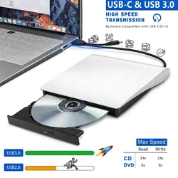 External CD DVD Drive USB 3.0 Type C Portable CD/DVD -/+RW Player Burner Reader Optical Drive for PC Laptop Windows 10 11 Mac
