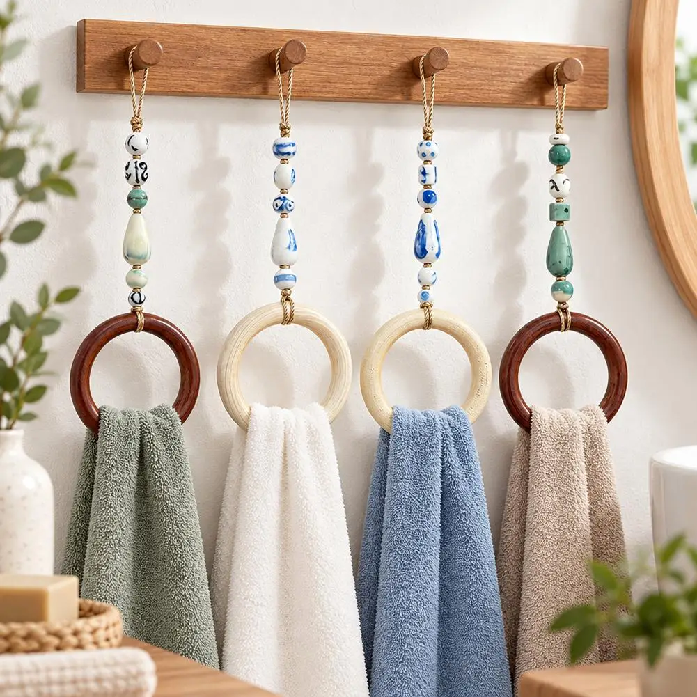 Round Towel Rack Space-Saving Hanging Towel Ring Decorative Beaded Towel Hanger for Kitchen & Pantry Kitchen Towel Rack
