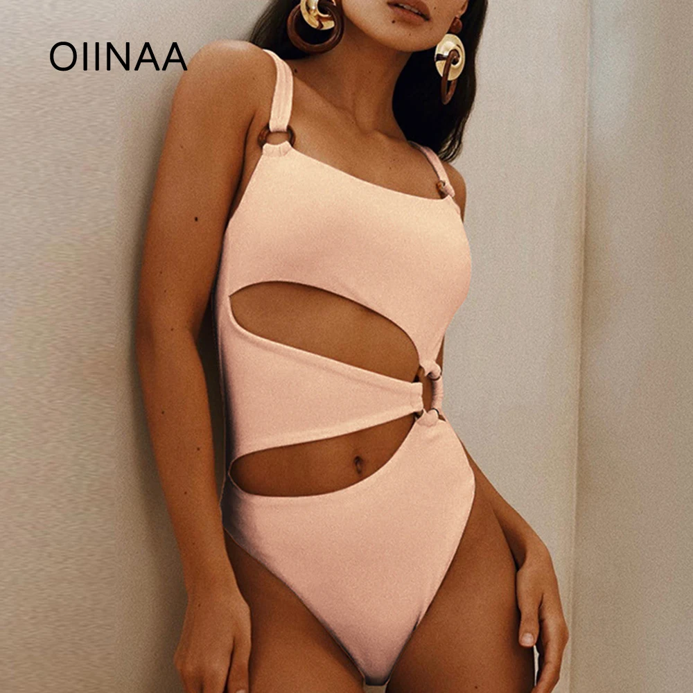 OIINAA Sexy Onepiece Bikini Set Women Solid with Hollow Suspender Bikini Fashion Backless Swimsuit Low Waisted Beach Bikini Set