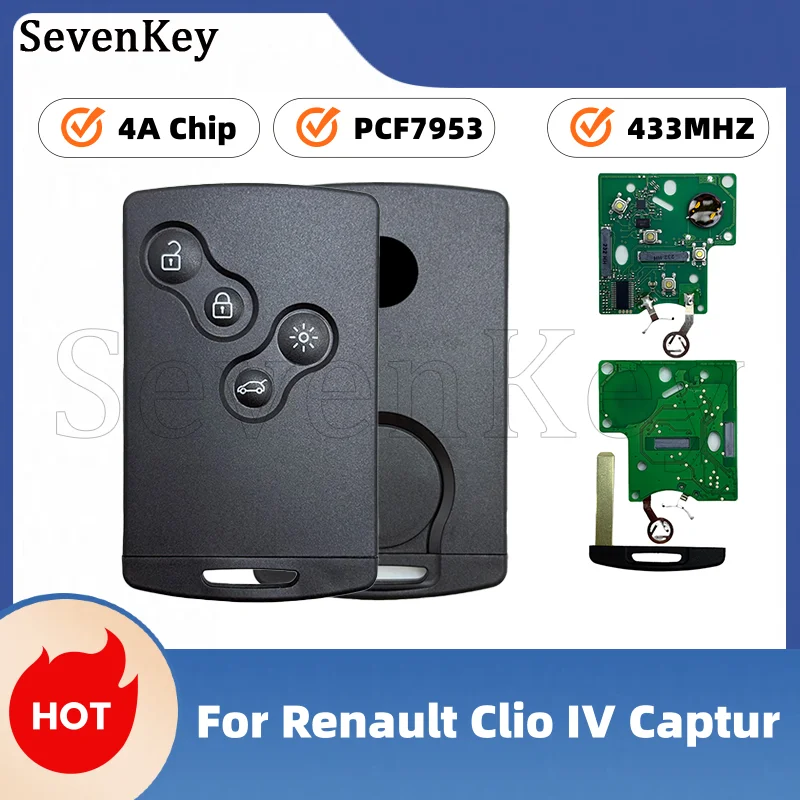 Seven 4 Buttons Smart Passive Keyless Go Remote Key Card 433MHz 4A PCF7953 HITAG AES Chip For Renault Clio IV Captur 2009-2020