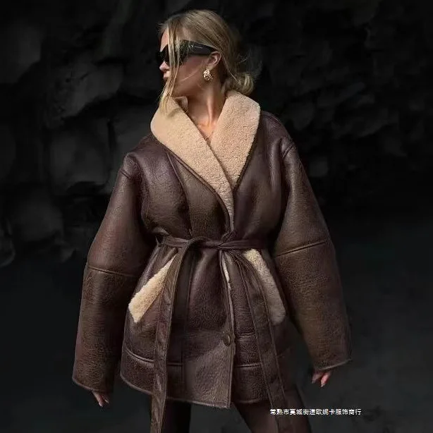 Vêtements pour femmes édition Festival de printemps mode cachemire cuir col de fourrure ceinture veste