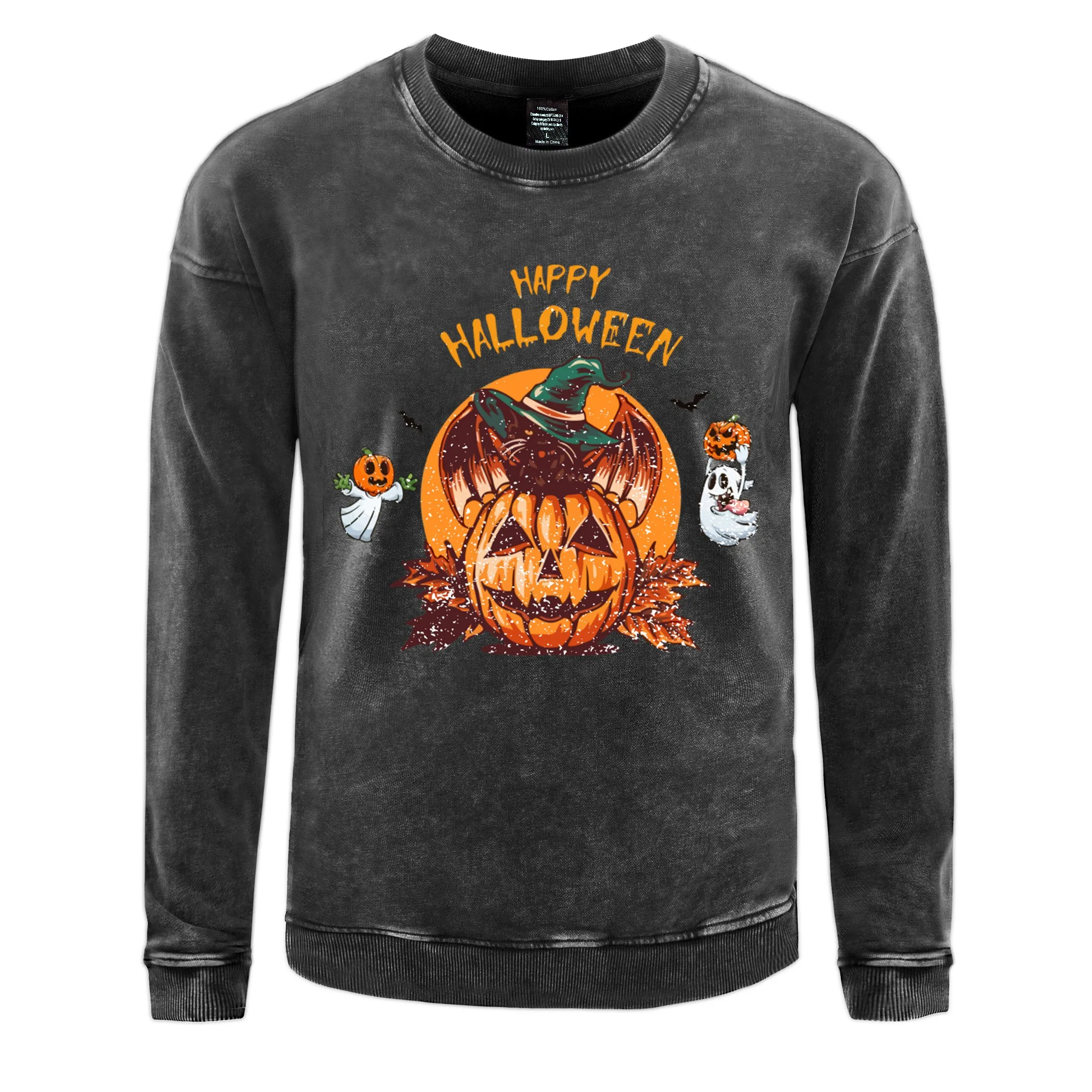 Cat Wishes You A Happy Halloween Man Washed Cotton Clothing Vintage Comfortable Sweatshirts Soft All-Match Pullovers Pullovers