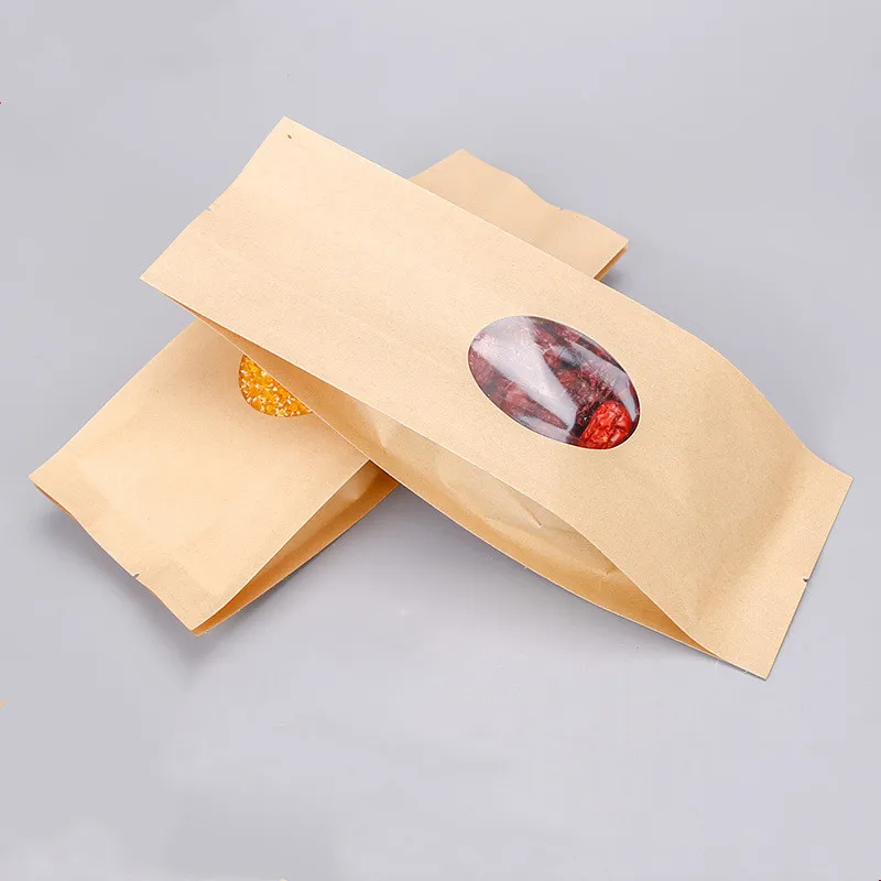 1000Pcs/Lot Kraft Paper Bags With Clear Window Sealing Grease Proof Kraft Paper Bag for Tea Coffee bean Kitchen Accessories