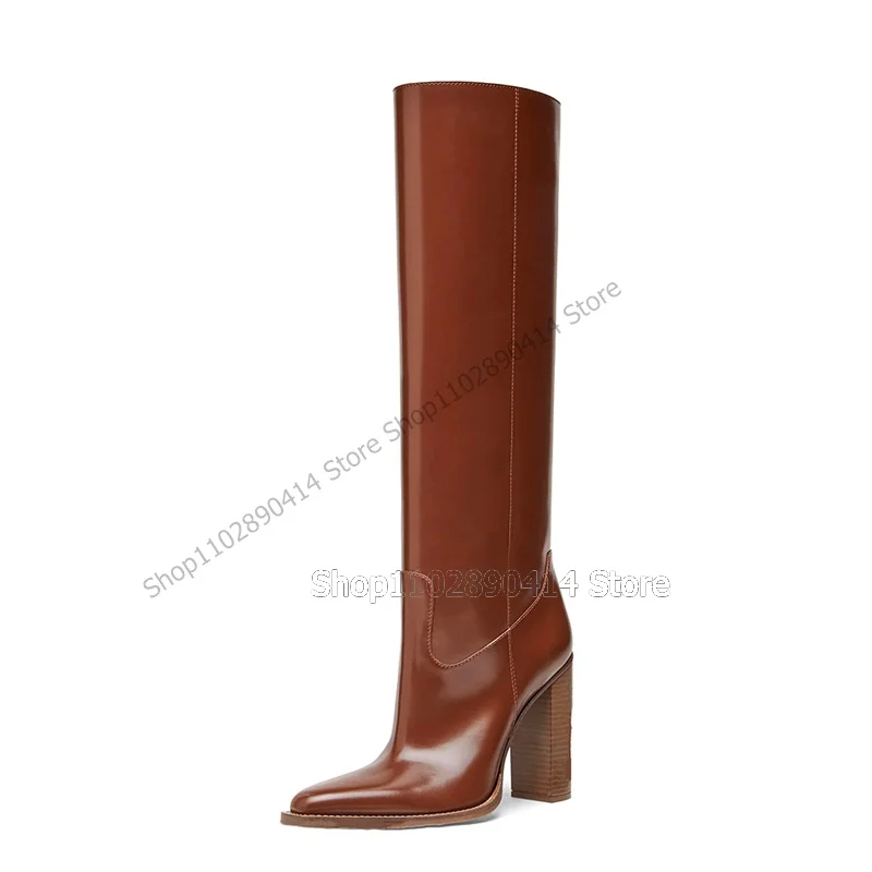 Brown Black Sewing Design Pointy Toe Boots Knee High Slip On Women Shoes Chunky High Heels New Fashion 2023 Zapatos Para Mujere