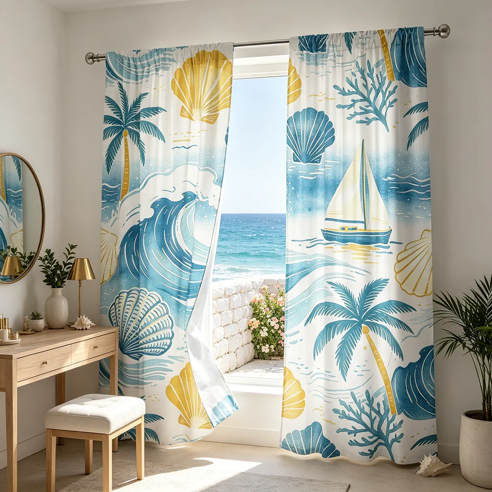 2PCS Ocean Wave Shell Curtains, Coastal Beach Print, Nautical Window Drapes for Living Room Bedroom Bathroom Decor