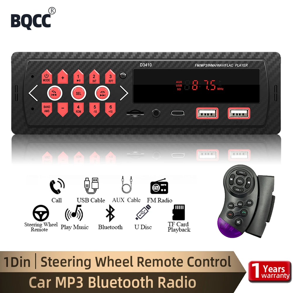 BQCC Car Radio 1 Din Car Stereo Player MP3 Player Digital Bluetooth FM Radio Audio Music USB/SD with Steering Wheel Control