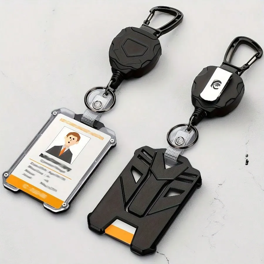 Durable ABS Material ID Badge Holder with Automatic Wire Rope Lanyard  Heavy-Duty Snap Hook Outdoor Mountain Climbing Buckle