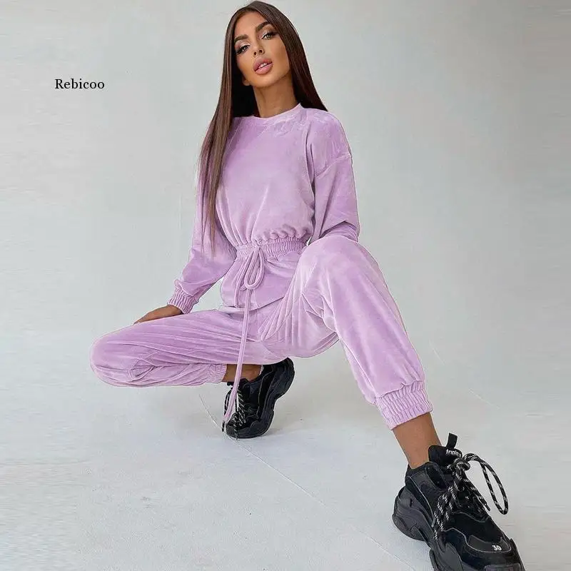 Velvet Jumpsuits for Women Long Sleeve Jumpsuits Drawstring Casual High Waist High Street Split Trousers Suit Playsuit Tracksuit