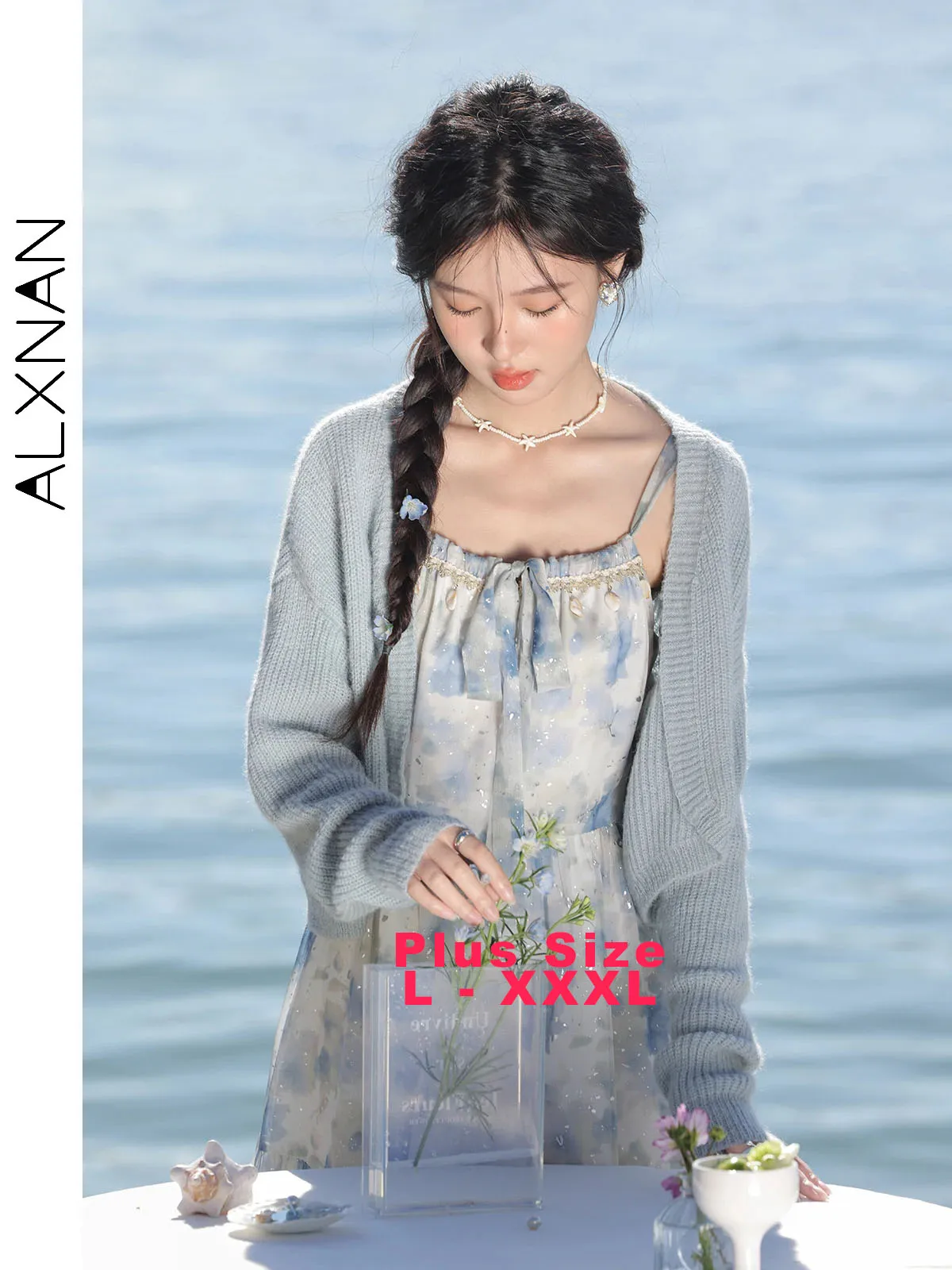 

ALXNAN Plus Size Women's Cardigan Blue Long Sleeve Elegant Knitwears 2025 Autumn Winter Loose-fit Casual Tops Female D09130SY