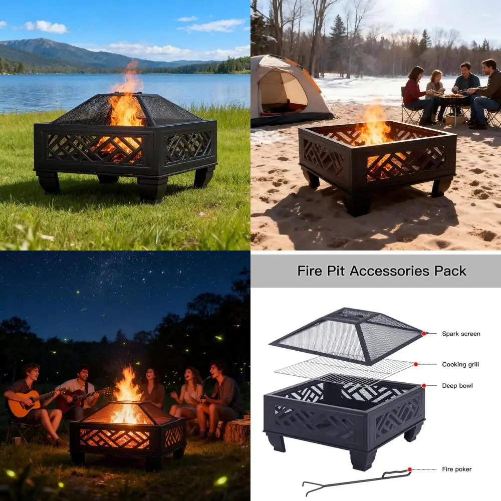 

26" outdoor wood burning fire pit with grill and spark guard, patio backyard metal fireplace