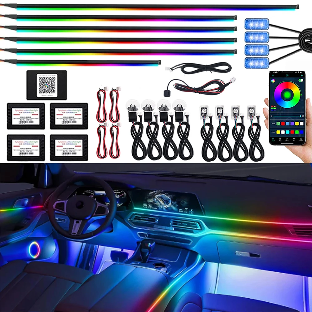 18 w 1 Symphony Car Ambient Lights LED RGB 64 Colors Hidden Neon Acrylic Strip Interior Atmosphere Lamps Kit Black Tape Sticker