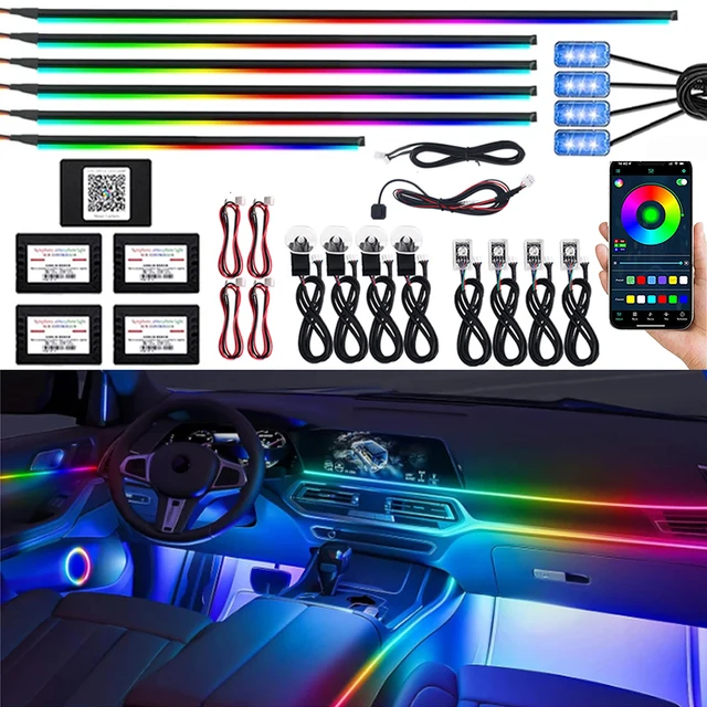 18 w 1 Symphony Car Ambient Lights LED RGB 64 Colors Hidden Neon Acrylic Strip Interior Atmosphere Lamps Kit Black Tape Sticker