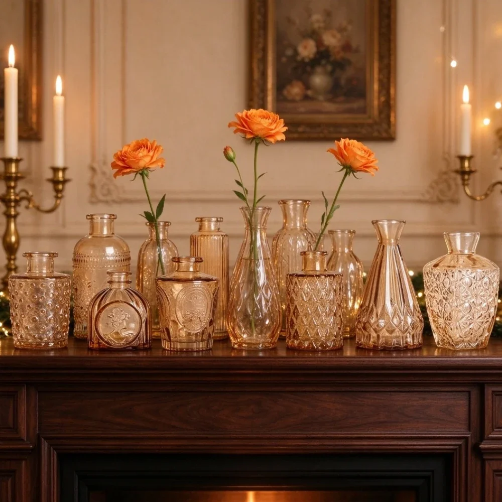 10Pcs/Set Vintage Embossed Gradient Glass Bud Vases Rustic Farmhouse Small Flower Bottles Home Hydroponic Decor Vase