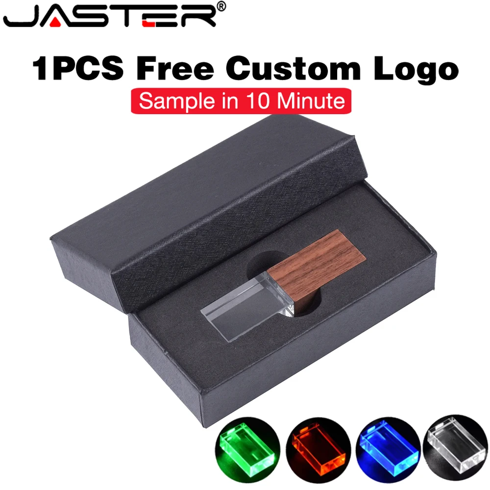 

JASTER LED Wood crystal USB Flash Drive 128GB Free Customized Logo Pen Drive Black Box Memory Stick 64GB Business Gift Pendrive