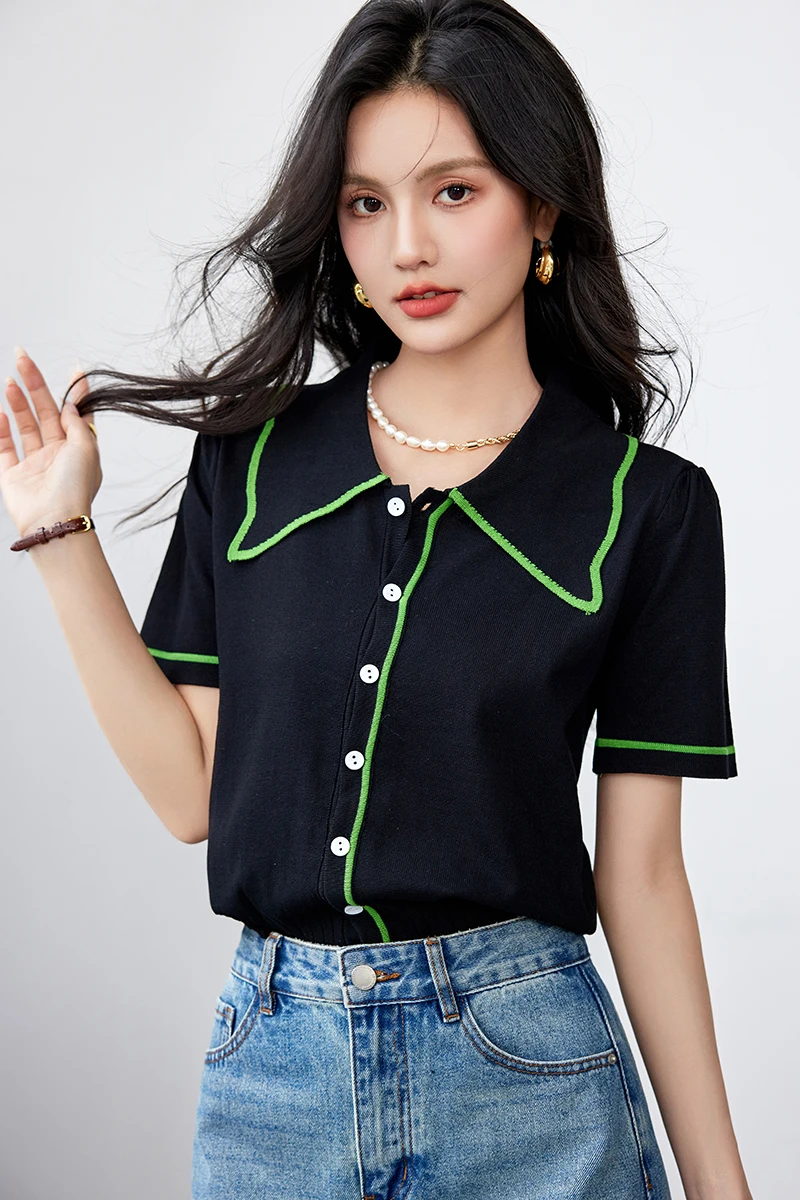 2024 Summer Laple Contrast Color Short Sleeve Knit T-shirt Women Vintage Black Slim Knitwear Tshirts Tees Crop Tops Y2k Clothes