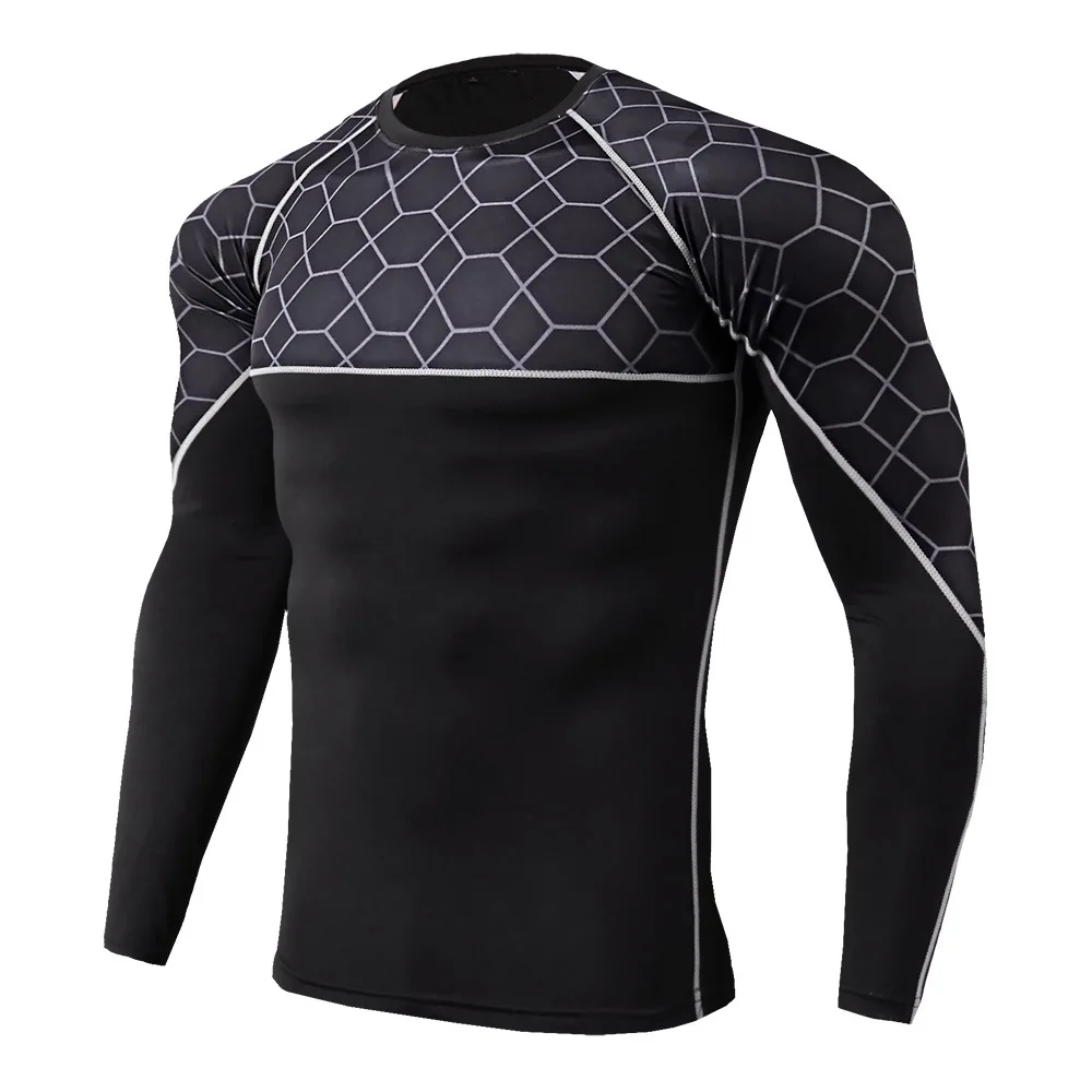 New Men's Fitness Print Panel Long Sleeve Running Training Sweat Wicking Fast Drying High Elastic Tight Clothes