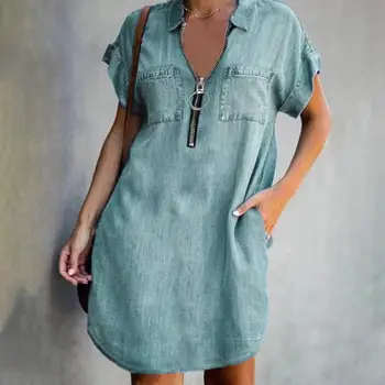 Women Casual Zipper Denim Style Dress Summer Loose XXXL Solid Short Sleeve Dress Female Turn Down Collar Pockets Outdoor Dress