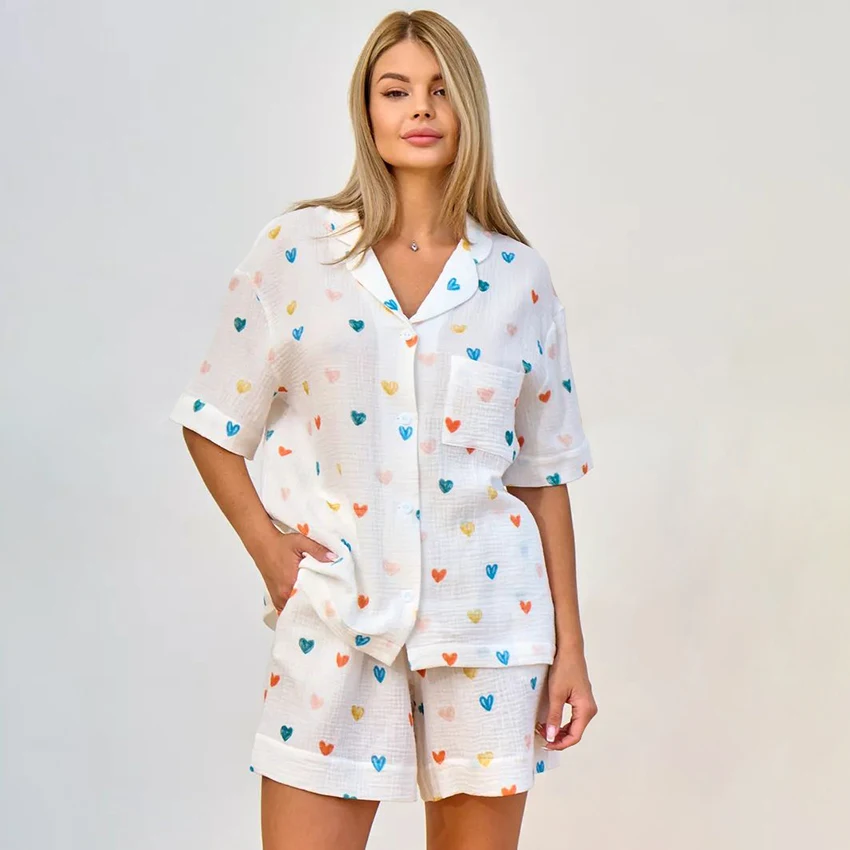 Hiloc Women's 2 Piece Pajama Set Colorful Heart Print Cotton Fabric Short Sleeve Button Down Shirt Shorts Loose Fit Sleepwear