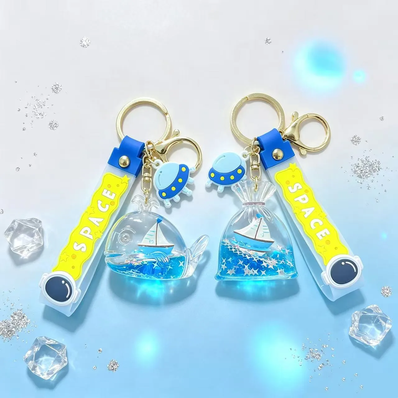 Creative Cute Blue Liquid Keychain for Girl Gift Cartoon Floating Boat Footprint Sequins Oild Doll Bag Keyring