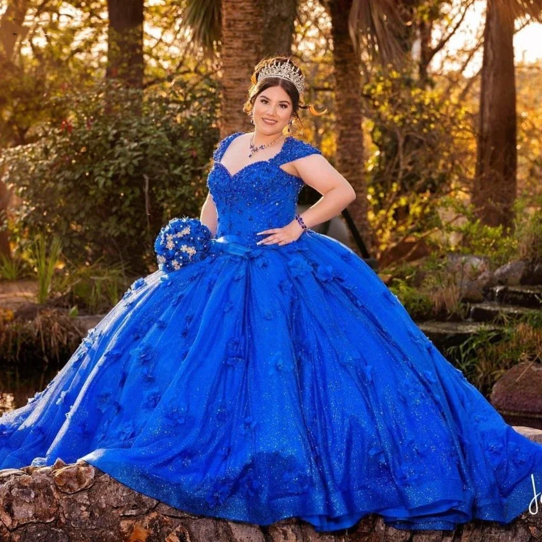 Angelsbridep abito da ballo glamour con spalle scoperte abiti Quinceanera 3D Flora Royal Blue Cape Prom Party Dress Vestidos De Festa