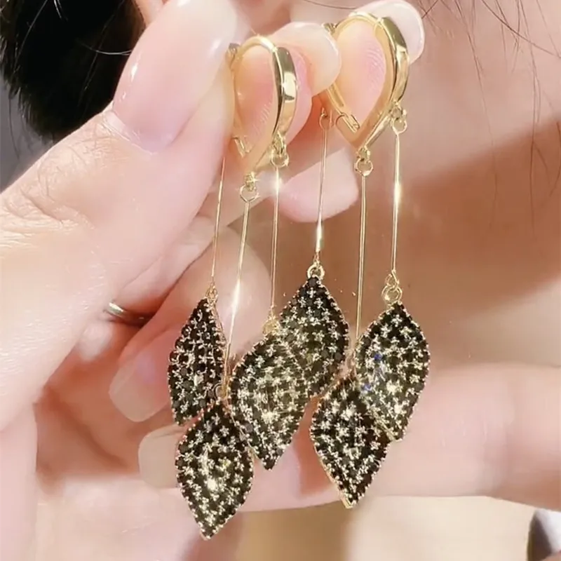 New Fashion Trend Unique Design Elegant Delicate Light Luxury Zircon Leaf Tassel Round Earrings Women Jewelry Party Premium Gift