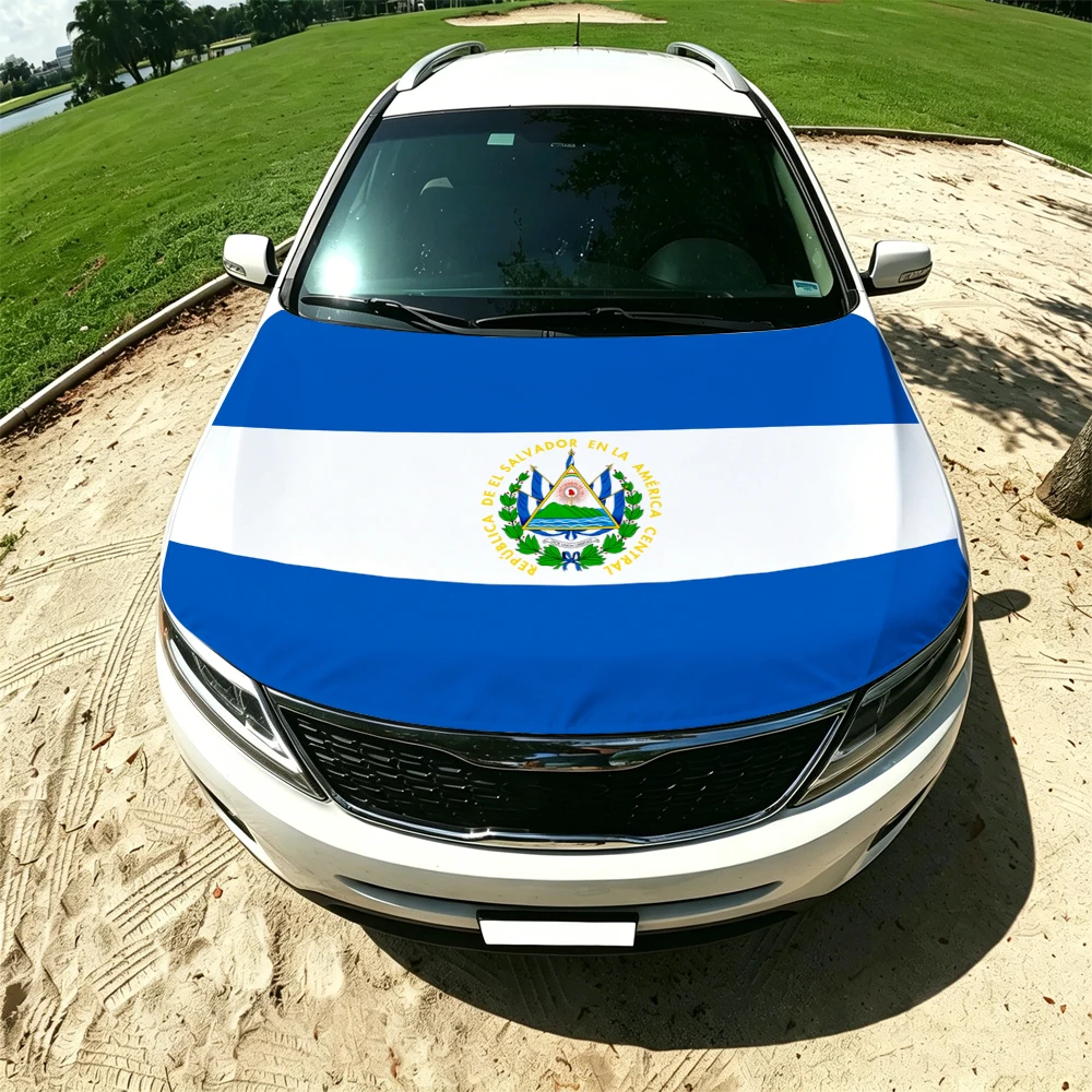 130x160cm El Salvador Car Hood Cover Flag, Elastic Windproof Patriotic Bonnet Banner Cheer for the competition