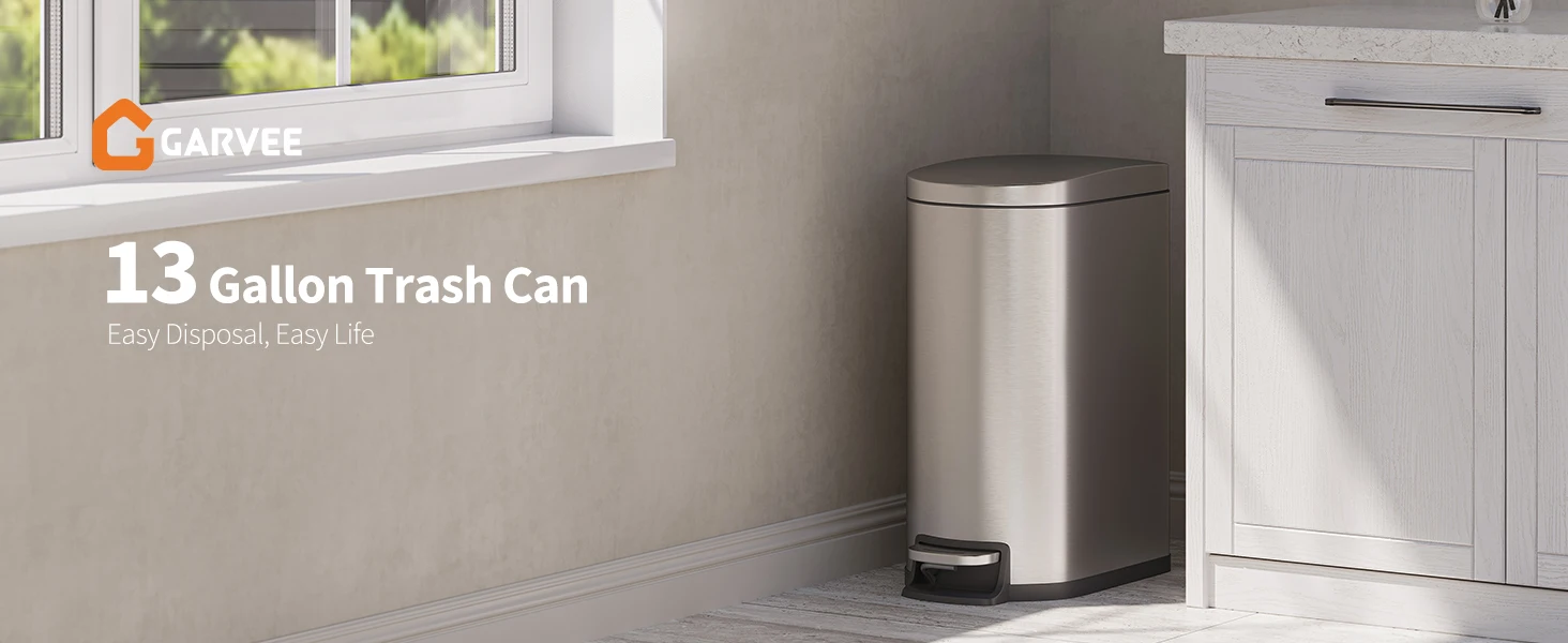 13 Gal / 50 L Slim Stainless Steel Step Trash Can with Soft-Close Lid – Kitchen Garbage Bin with Inner Bucket, Rear Handle, Rustproof, Silver