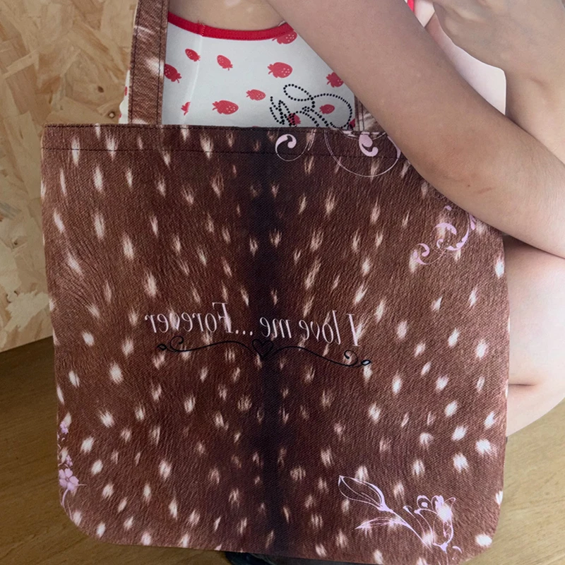 Schultertasche aus Canvas im Mori-Girl-Stil mit Hirschmuster, Damen-Einkaufstasche mit Elch-Textur, niedliche, leichte Reise-Einkaufstasche mit großem Fassungsvermögen – Detail 12