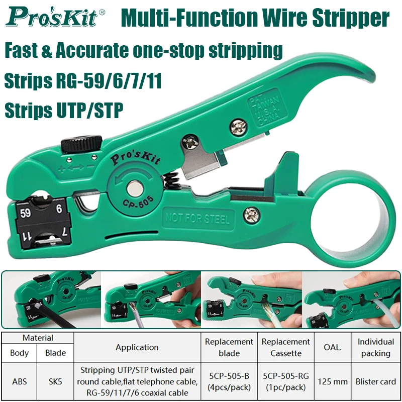 Pro'sKit Multi‑Function Wire Stripper for Coaxial Cables RG‑59 RG‑6 RG‑7 RG‑11, 4P/6P/8P Flat Cables, Twisted Pairs Hand Tools