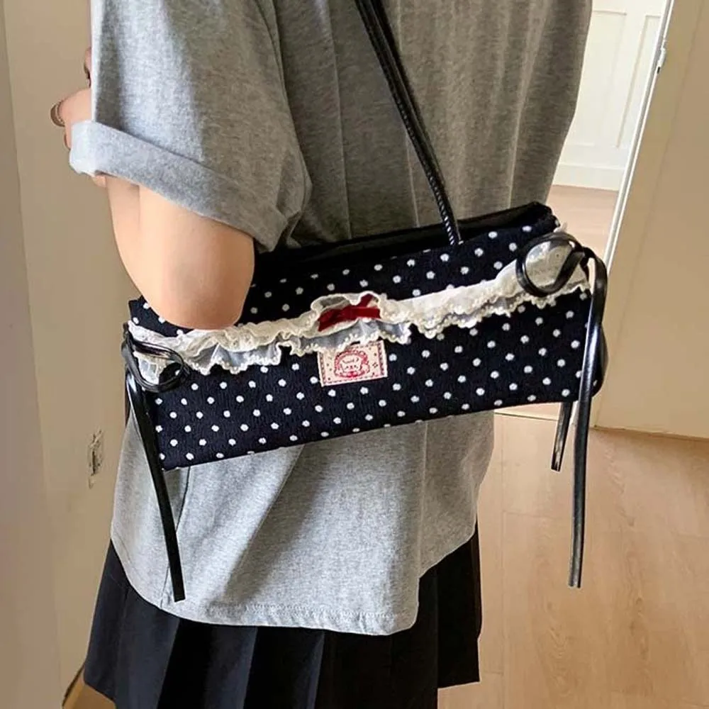

Portable Sweet French Stick Handbag Bow Lace Polka Dot Underarm Bags Large Capacity Korean Style PU Shoulder Bag Daily