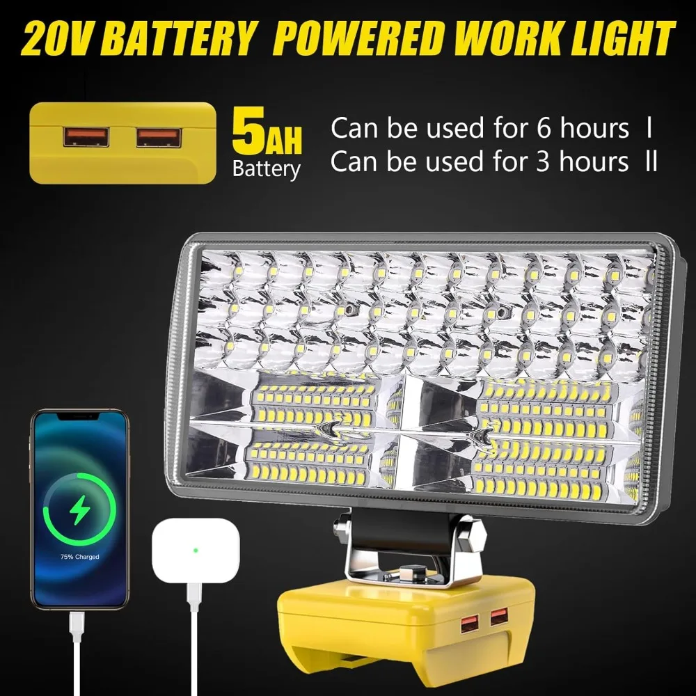 Luz LED de trabajo inalámbrica de 6000 LM y 38W, linterna portátil, luz de inundación, Compatible con Batería DeWalt de 20V, USB de 2.1A con 2 modos