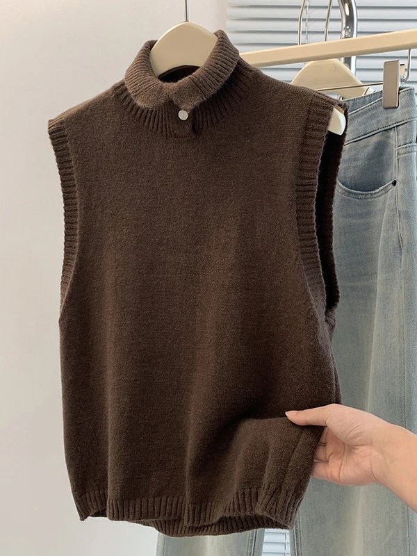 Authentic High-Neck Knitted Vest Women's Autumn Winter Style Layered Wear Half Open Ladies Fashion Warm Spun Yarn Vest Top