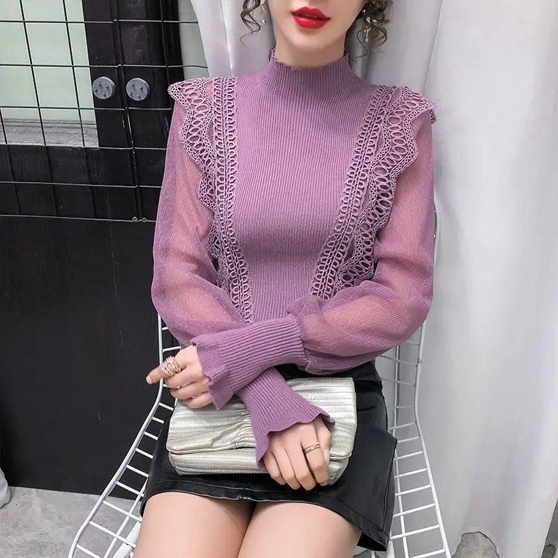 

2022 Autumn Fashion patchwork Hollow out Stand Collar lantern sleeve Pullovers women clothing All-match Lace Net yarn top tee
