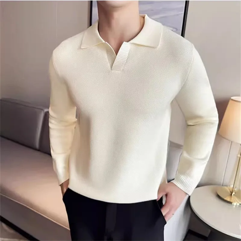 

High Quality Autumn Winter Men's Knit Polo Shirts Thick Solid Color Turn Down Collar Knitted Polos Men Smart Casual Tees Tops