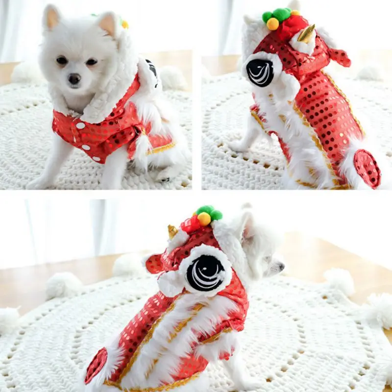 Chinese Spring Festival Dog Coat Winter Puppy Costume Warm Winter Pet Lion Dance Clothes Dog Puppy Cotton Costume Tang Suit