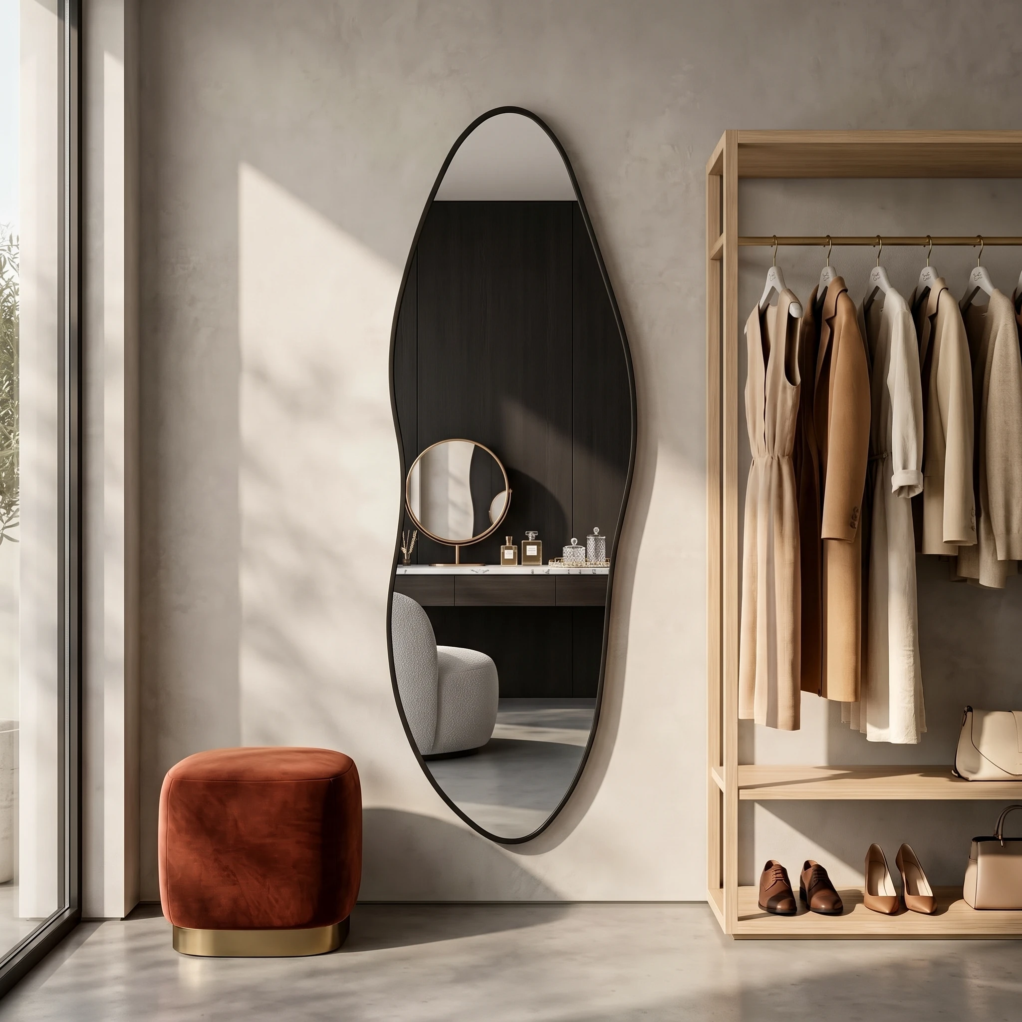 Irregular Full Length Mirror, 63x21 Inch Organic Modern Asymmetrical Wall Mirror with Black Aluminum Frame, Tempered Glass, Horizontal or Vertical Mount for Bedrooms and Dressing Rooms
