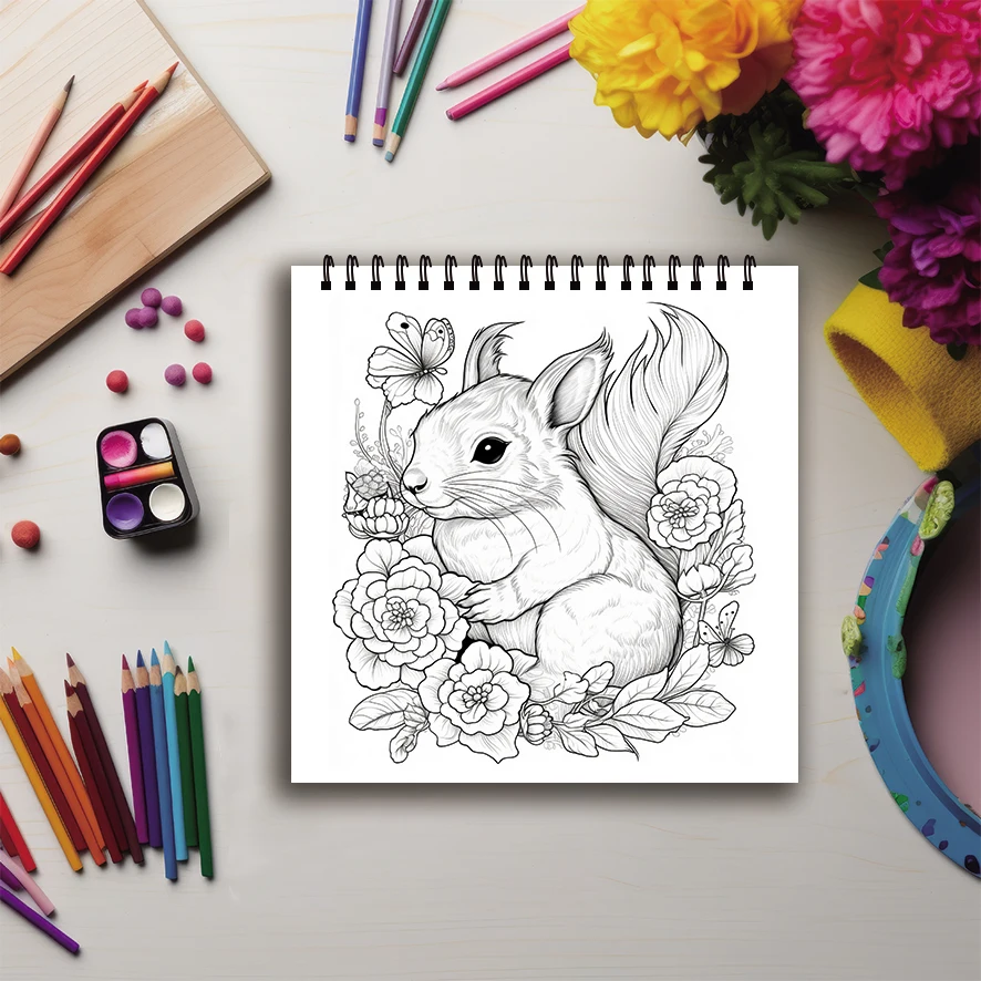 Cute Squirrel Coloring Book - 8.27 x 8.27 inches 32 pages coloring book - Ideal gift for family or friends