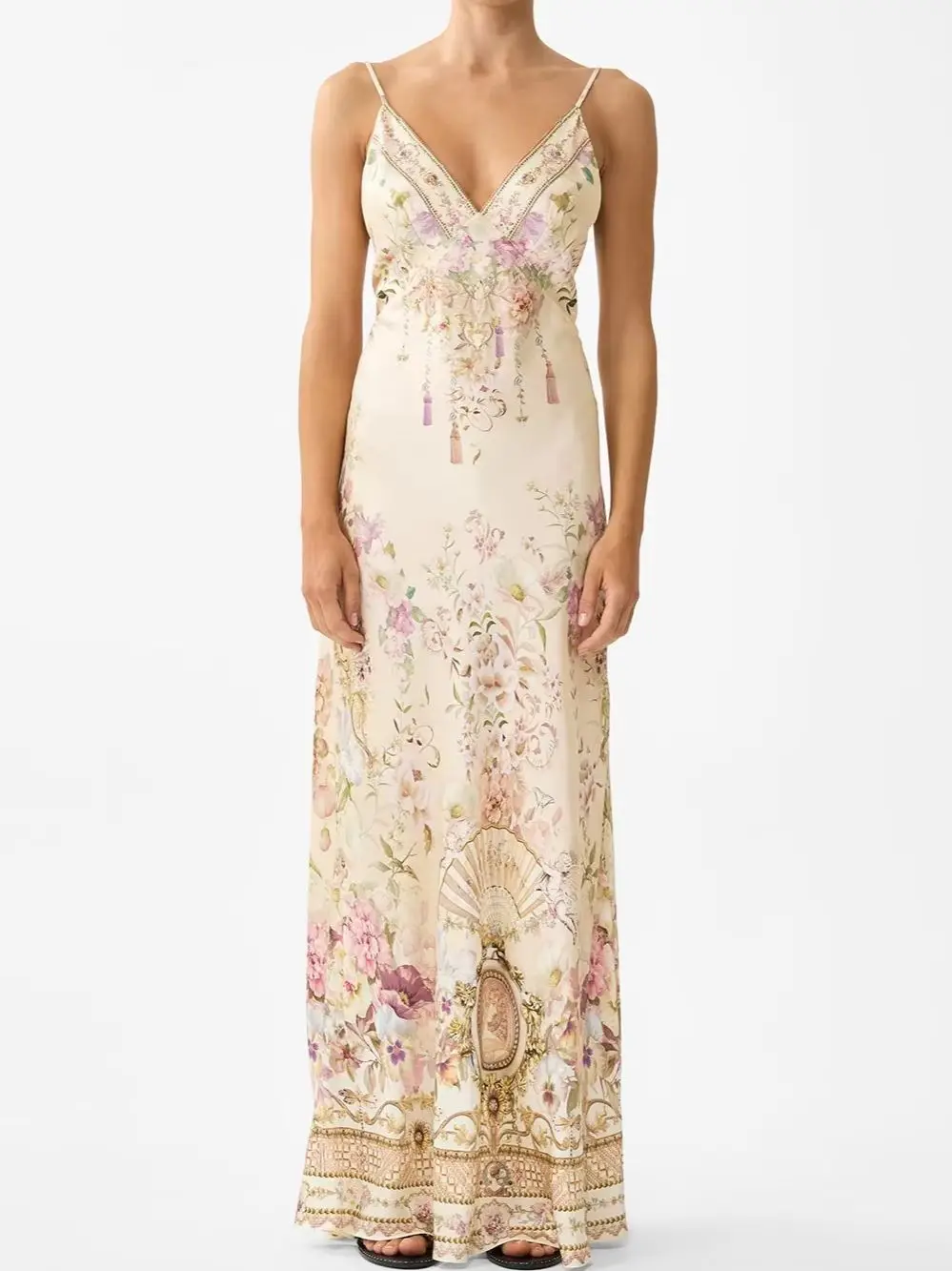 Vakantiestijl Sling Robe voor dames Bloemenprint Kristallen kralen Backless V-hals Mouwloos Hoge taille Slank 100% zijde maxi-jurk