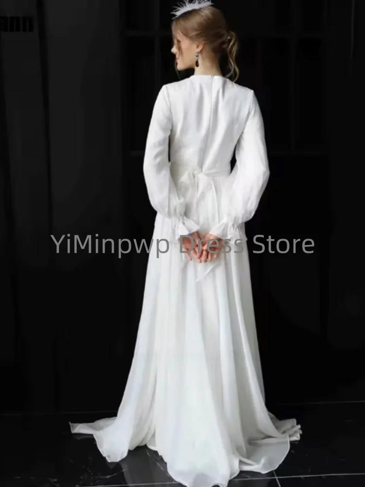 ชุดแต่งงานเรียบง่าย คอทรงโอ แขนพองทรงเอไลน์ สำหรับเจ้าสาวชาวมุสลิม ผ้าชีฟอง สามารถสั่งตัดได้