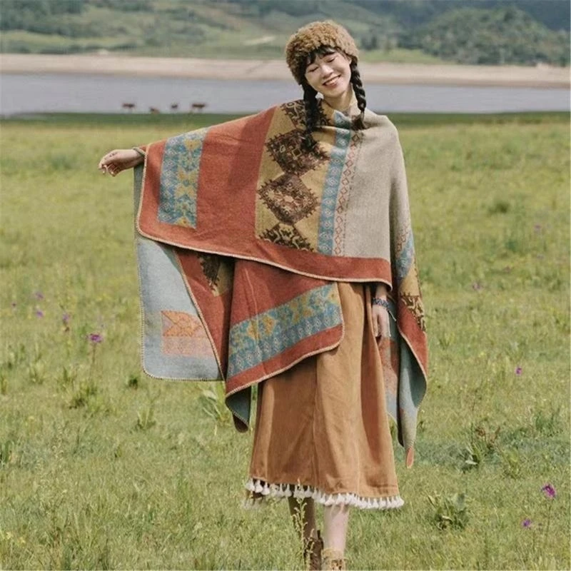 Ethnic Geometric Shawl Cloak Kimono Capes Poncho Shawl for Travel Vacation Bohemian Capes Scarf Reversible Travel Capes
