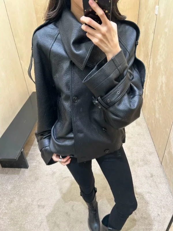 High-End Korean Style Motorcycle Leather Jacket Women's Fashion Outerwear Belted Loose Fit Trendy Long Sleeve Double Collar