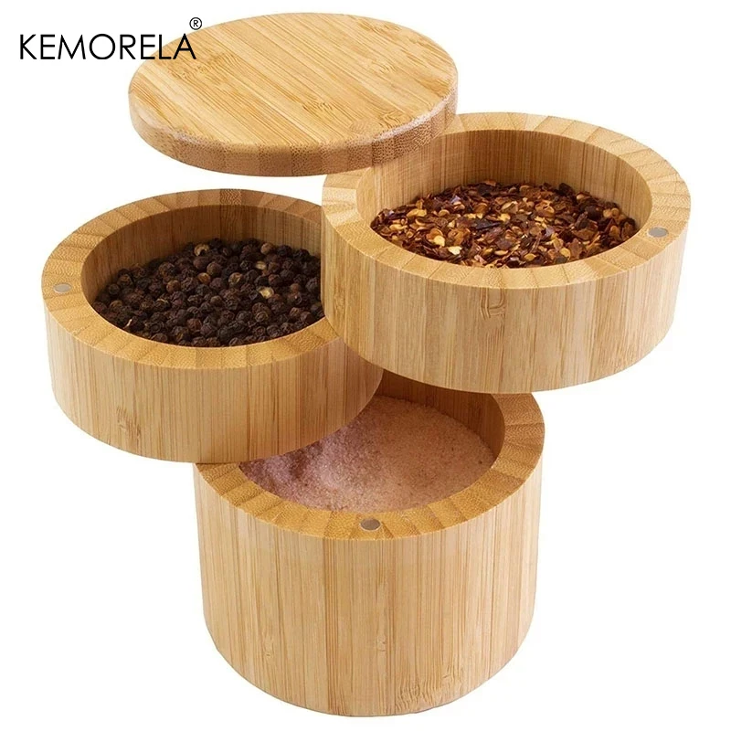 Bamboo Triple Salt Box Wood spice Box 3-Tier Round Bamboo Box for Salt or Spice with Magnetic Swivel Lid Spice Storage Box