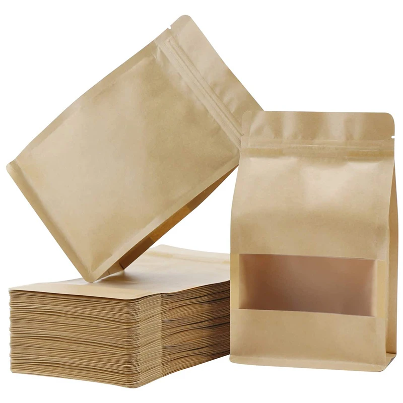 

50PCS Standing Bag, Reusable Sealed Storage Bag With Kraft Paper Frosted Window, Re-Closable For Nut Bean Tea