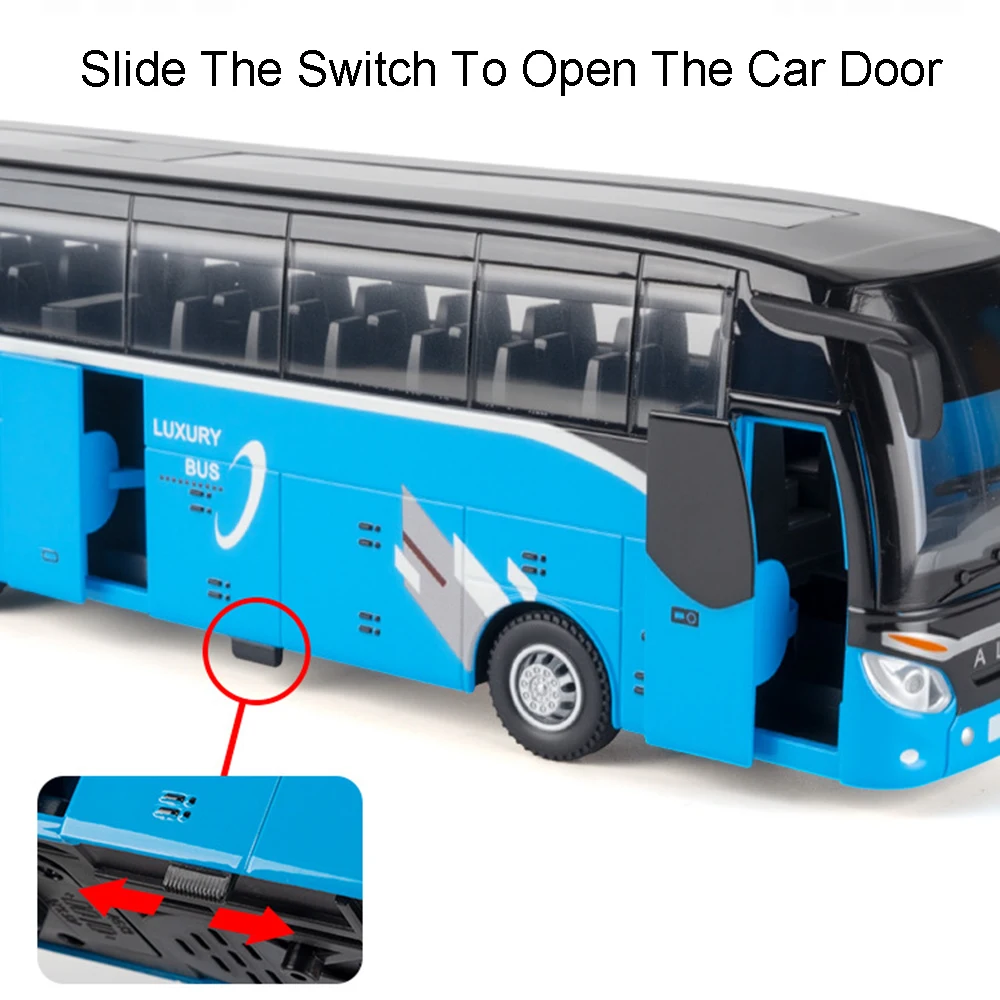 Modelo de brinquedo em escala 1:30, ônibus de longo distância, dois andares, metal fundido, modelos em miniatura, som, luz, portas abertas, puxar para trás para crianças