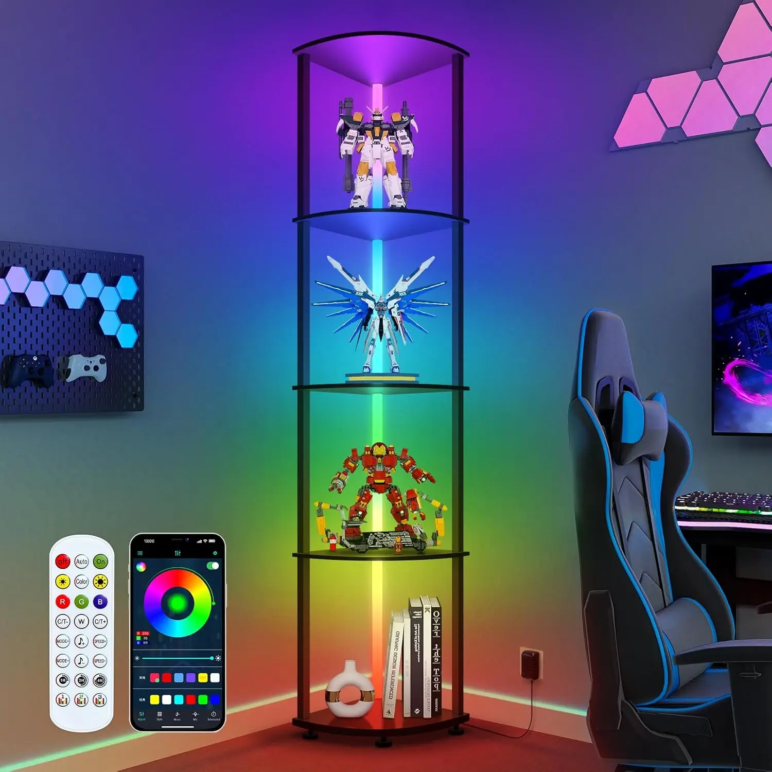 

L-Shaped Corner Shelf with LED Light, 5-Tier Bookshelf Stand, App & Remote Control, Floor Lamp for Bedroom, Living Room, Game Ro