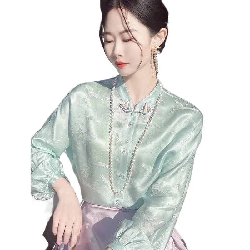 2025 New Spring Chinese Style Women Dobby Birds Pattern Green Tang Top Shirt , Woman Lantern Sleeve Imitation Silk Tops Shirts